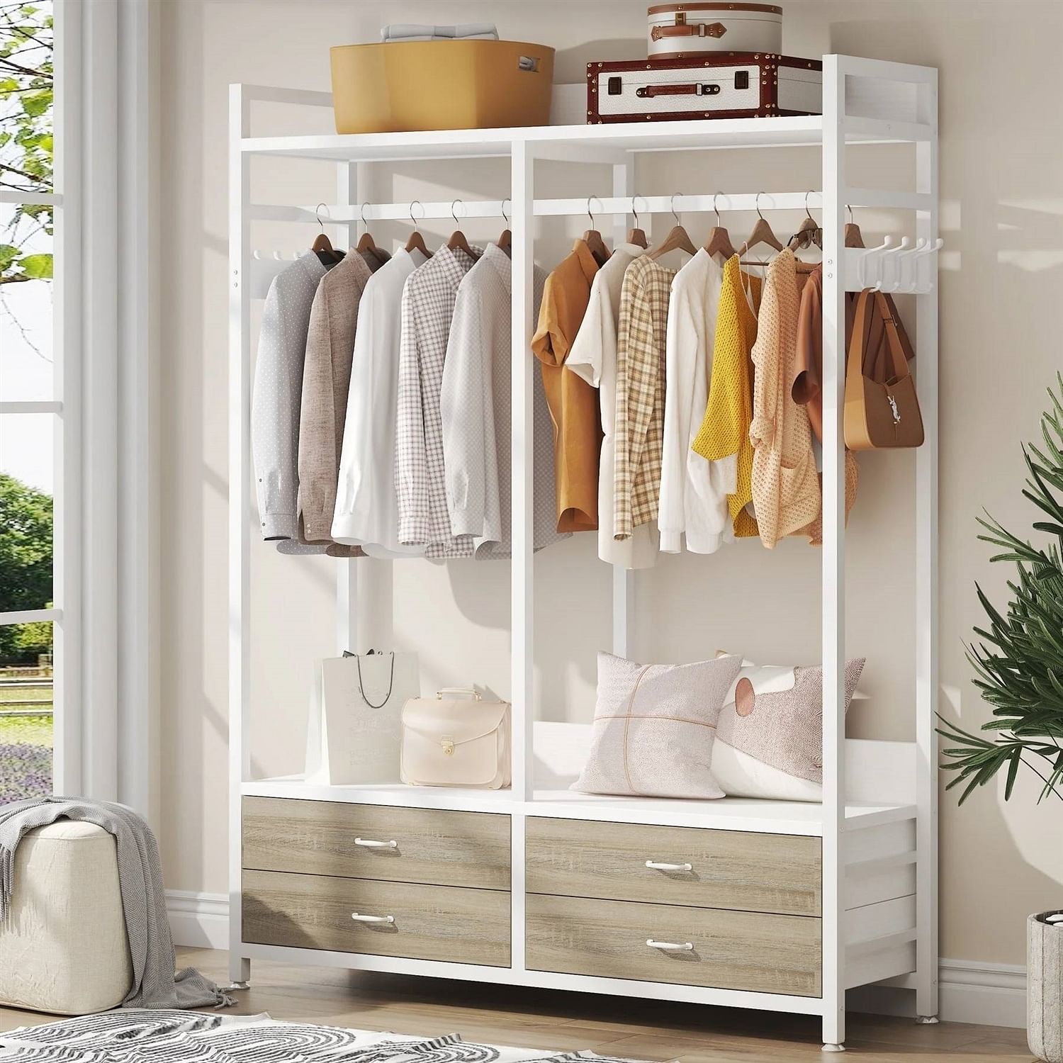Freestanding White Oak Garment Rack Clothes Hanging Rod with 4 Storage Drawers - Free Shipping