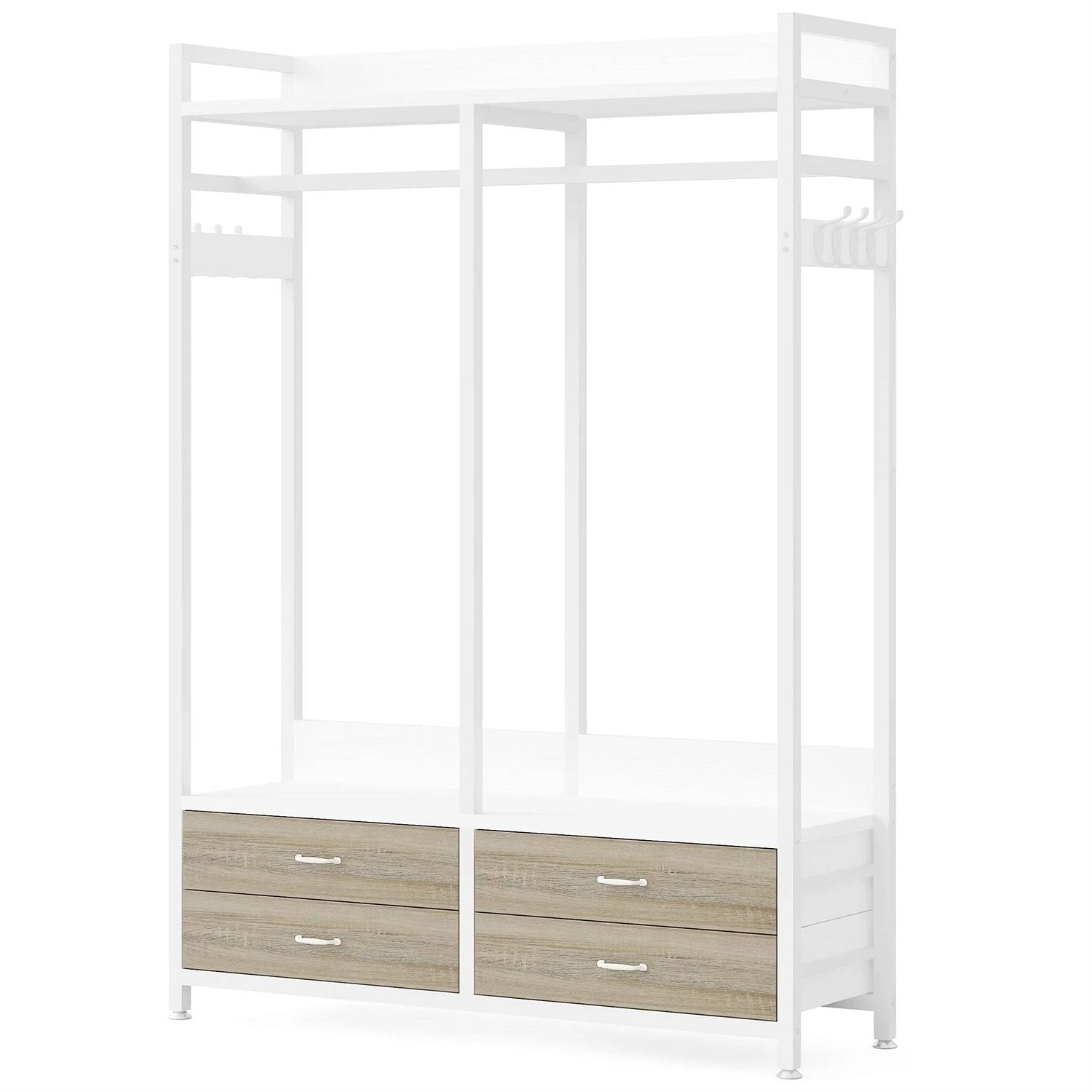 Freestanding White Oak Garment Rack Clothes Hanging Rod with 4 Storage Drawers - Free Shipping