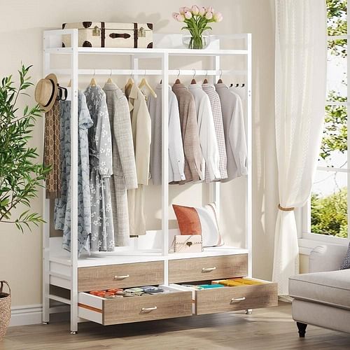 Freestanding White Oak Garment Rack Clothes Hanging Rod with 4 Storage Drawers - Free Shipping