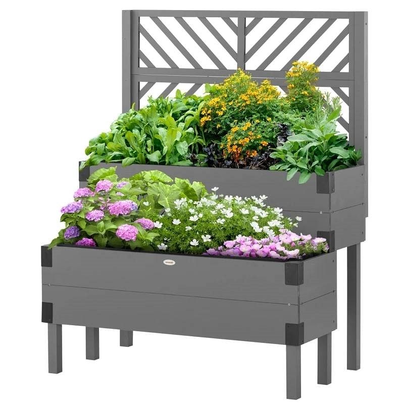 2 Tier Self Draining Grey Wood Raised Garden Bed Planter Box with Trellis - Free Shipping
