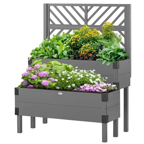 2 Tier Self Draining Grey Wood Raised Garden Bed Planter Box with Trellis - Free Shipping