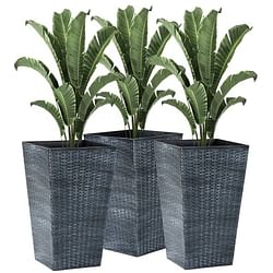 Set of 3 - Grey Faux Rattan Plastic Tall Large Flower Pots - Free Shipping