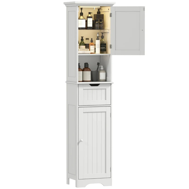 67" Tall Bathroom Storage Cabinet, Narrow Bathroom Cabinet with LED Light, Adjustable Shelf, Open Compartment, Drawer