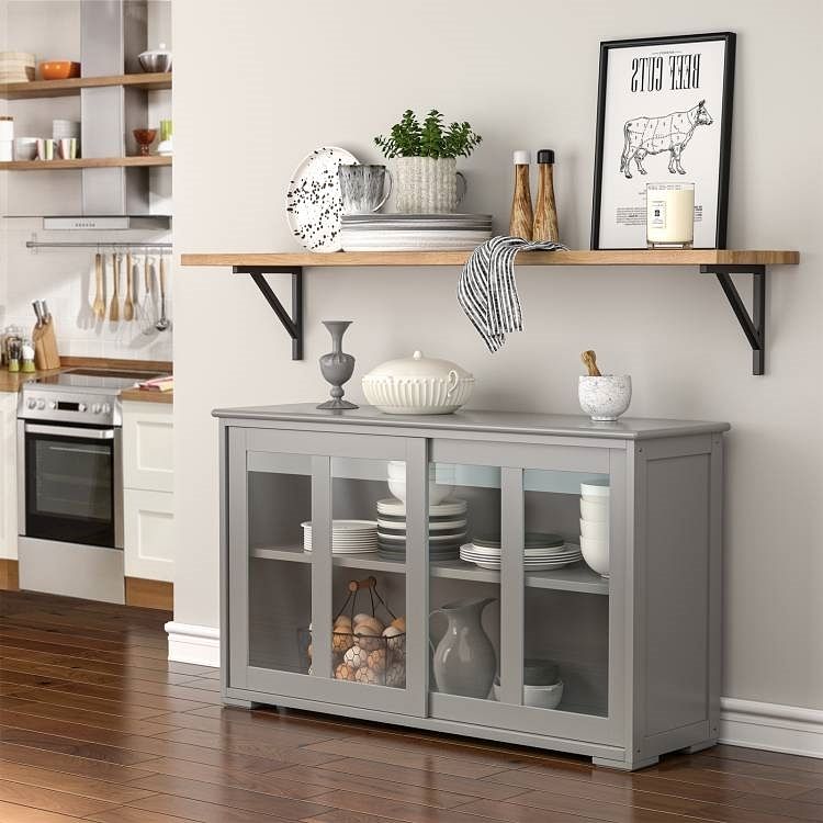 Grey Wood Buffet Kitchen Dining Sideboard Storage Cabinet w/ Glass Sliding Door - Free Shipping