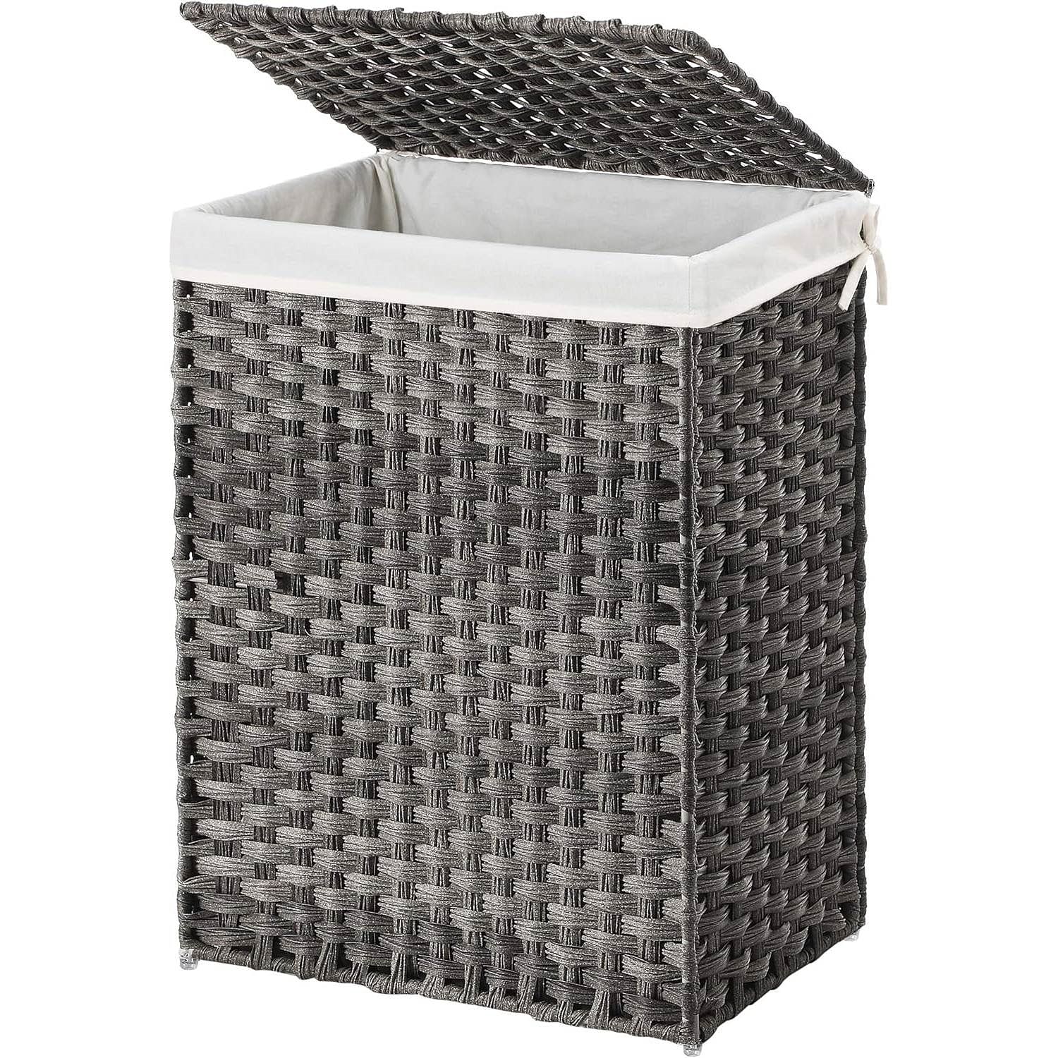 Grey Rattan Plastic Laundry Hamper Basket w/ Lid and Removable Cotton Liner Bag - Free Shipping