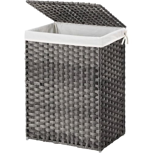 Grey Rattan Plastic Laundry Hamper Basket w/ Lid and Removable Cotton Liner Bag - Free Shipping