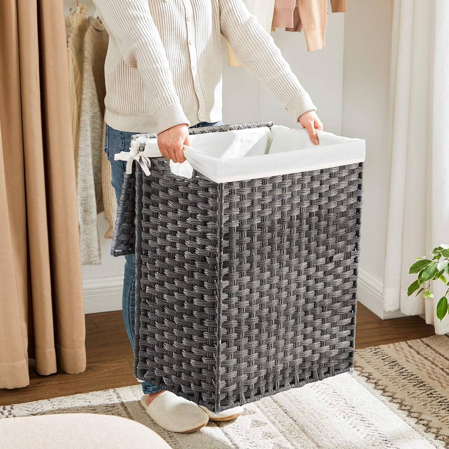 Grey Rattan Plastic Laundry Hamper Basket w/ Lid and Removable Cotton Liner Bag - Free Shipping