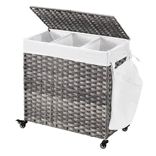 Handwoven Grey PP Rattan 3-Bag Laundry Basket Cart with Cotton Liner on Wheels - Free Shipping