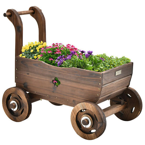 Decorative Wooden Wagon Cart with Handle Wheels and Drainage Hole-Rustic Brown - Free Shipping