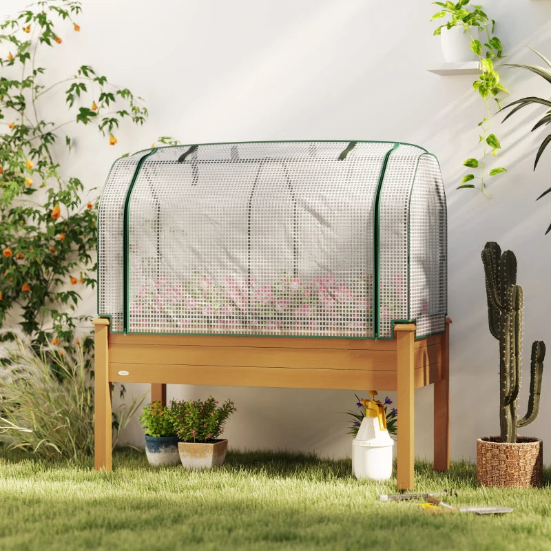 Raised Garden Bed with PE Greenhouse Cover Outdoor Elevated Wood Planter Box for Herbs and Vegetables Sand