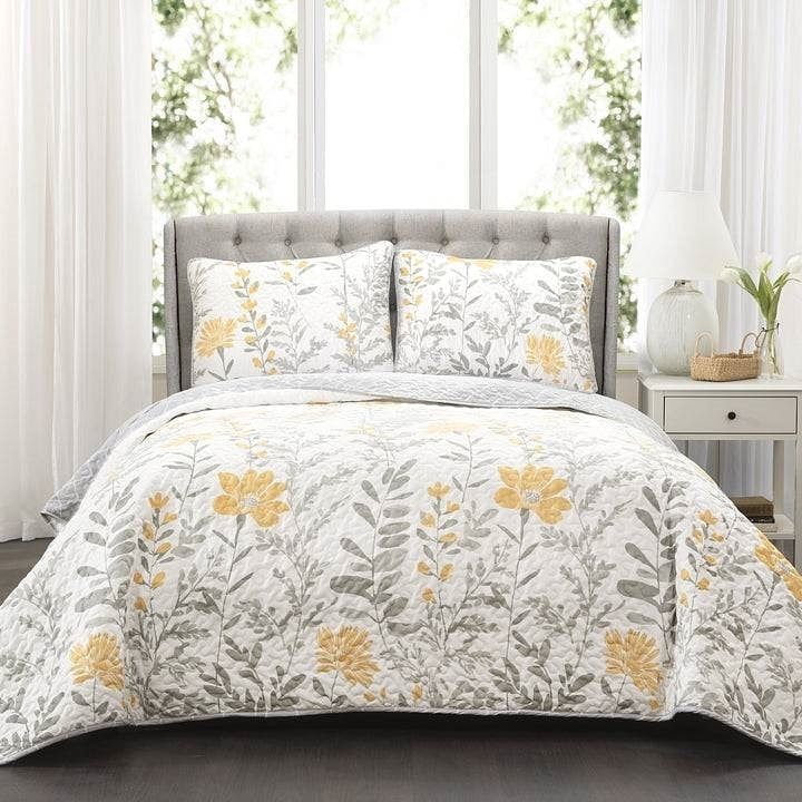 King size Yellow Grey Floral Light Thin Cotton Polyester Blend Quilt Set - Free Shipping