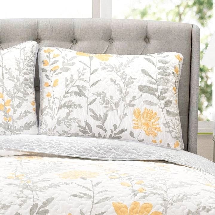 King size Yellow Grey Floral Light Thin Cotton Polyester Blend Quilt Set - Free Shipping