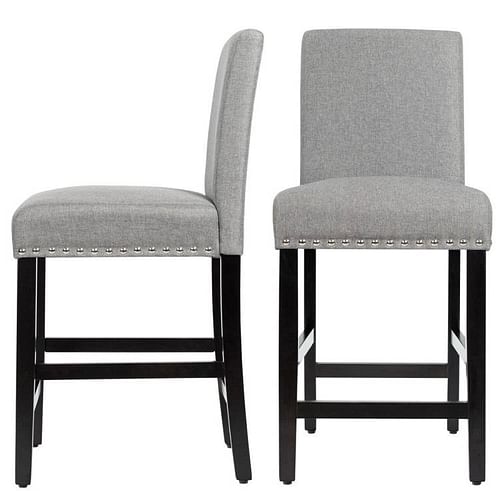 Set of 2 Modern Kitchen Dining Barstools w/ Black Wood Legs and Grey Linen Seat - Free Shipping