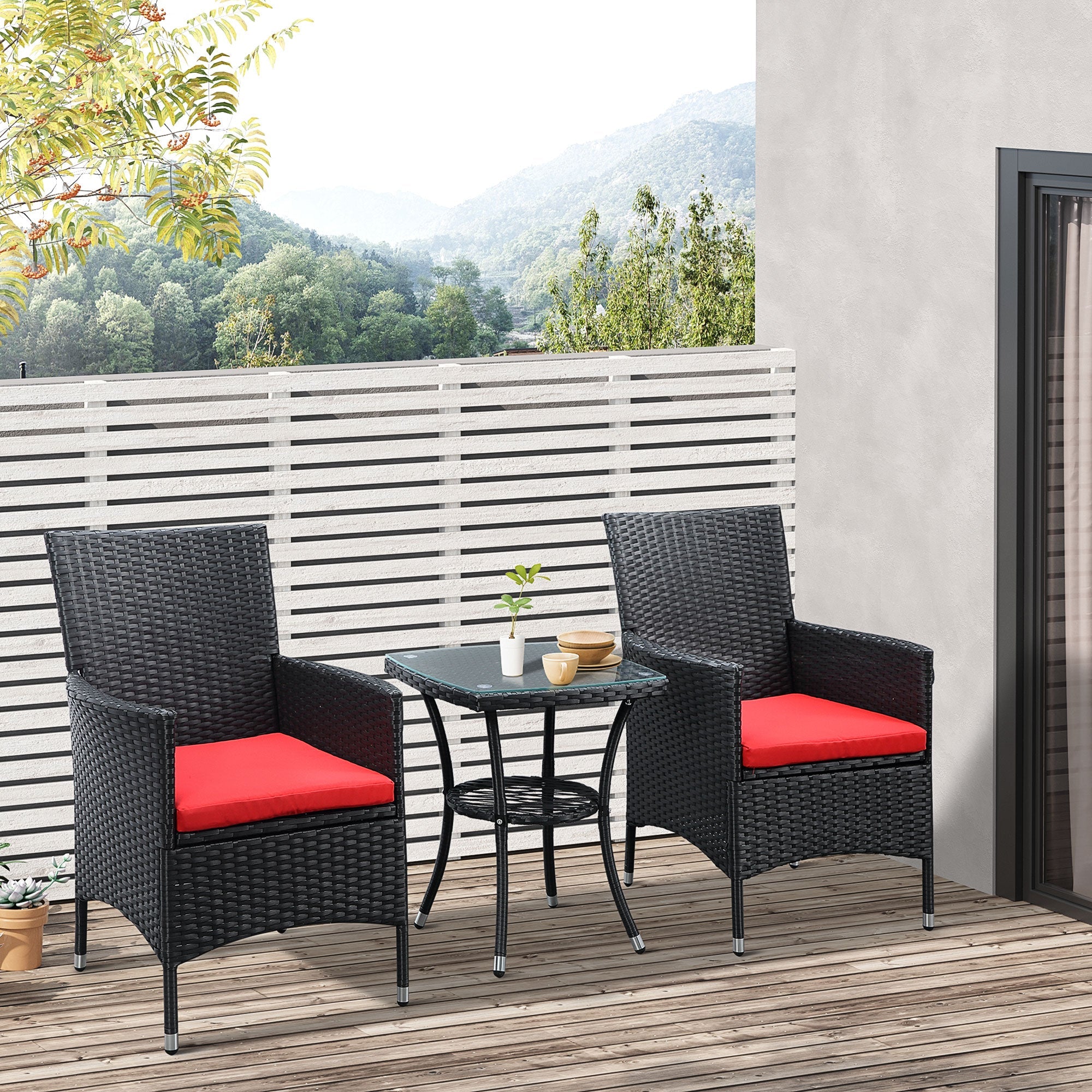 Outsunny 3PC Rattan Bistro Set Outdoor Garden Furniture 2 Armchair Glass Top Coffee Table Wicker Black