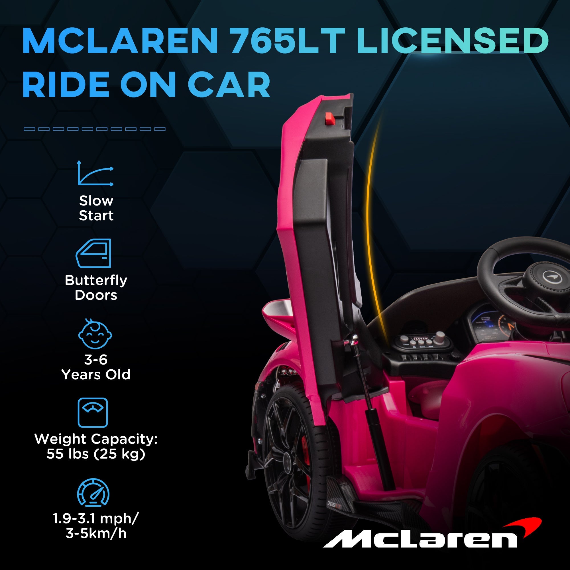 Qaba McLaren 765LT Licensed 12V Kids Electric Car w/ Scissor Doors, Training Wheels, Remote, Slow Start, Music Horn Pink