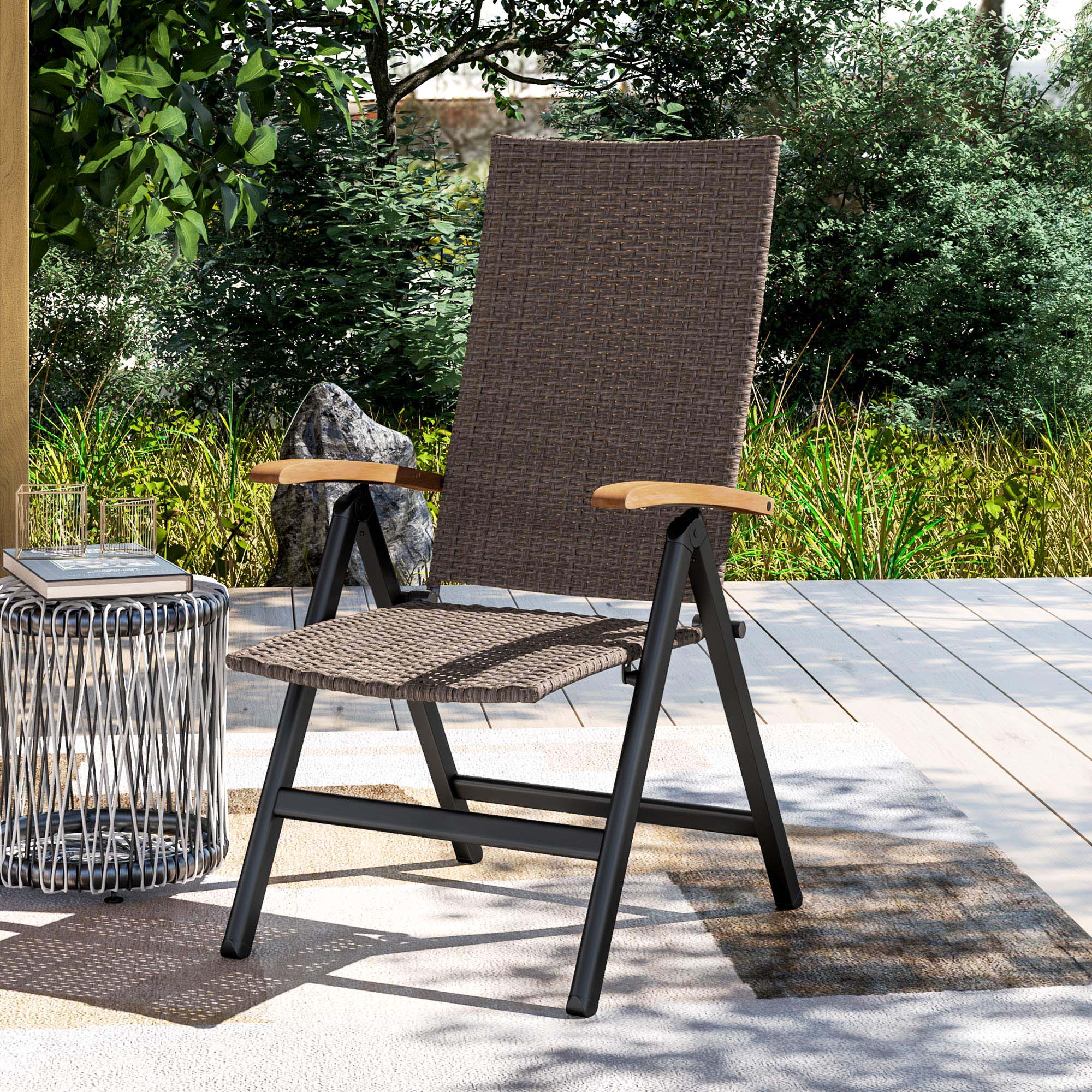 Outsunny Folding Patio Wicker Dining Chair with Steel Frame, Armrest, Backrest for Outdoor, Garden, Backyard, Brown