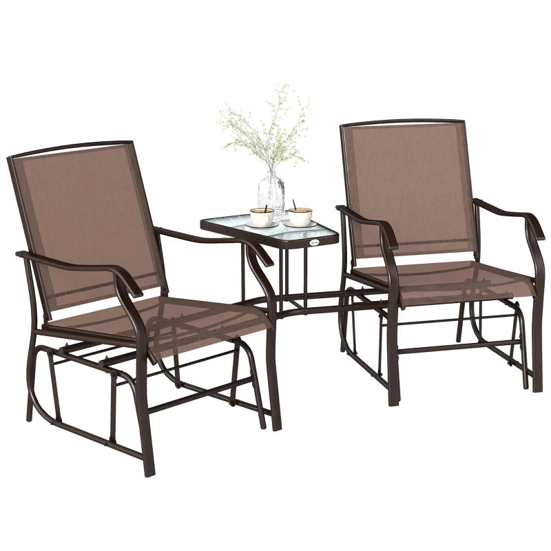 Double Patio Glider Chair with Glass Top Center Table, Outdoor Glider Loveseat with High Back, All Weather Breathable Mesh Fabric for Garden, Backyard, Deck, Brown