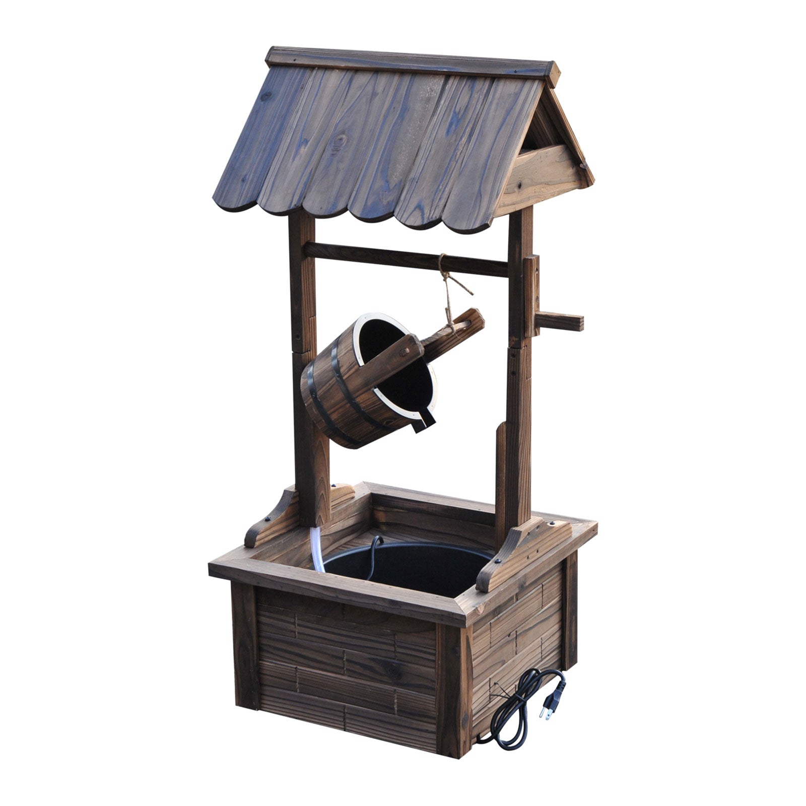 Outsunny Outdoor Wooden Waterfall Wishing Well Fountain with Electric Pump, Water Bucket, for Patio, Garden, Carbonized