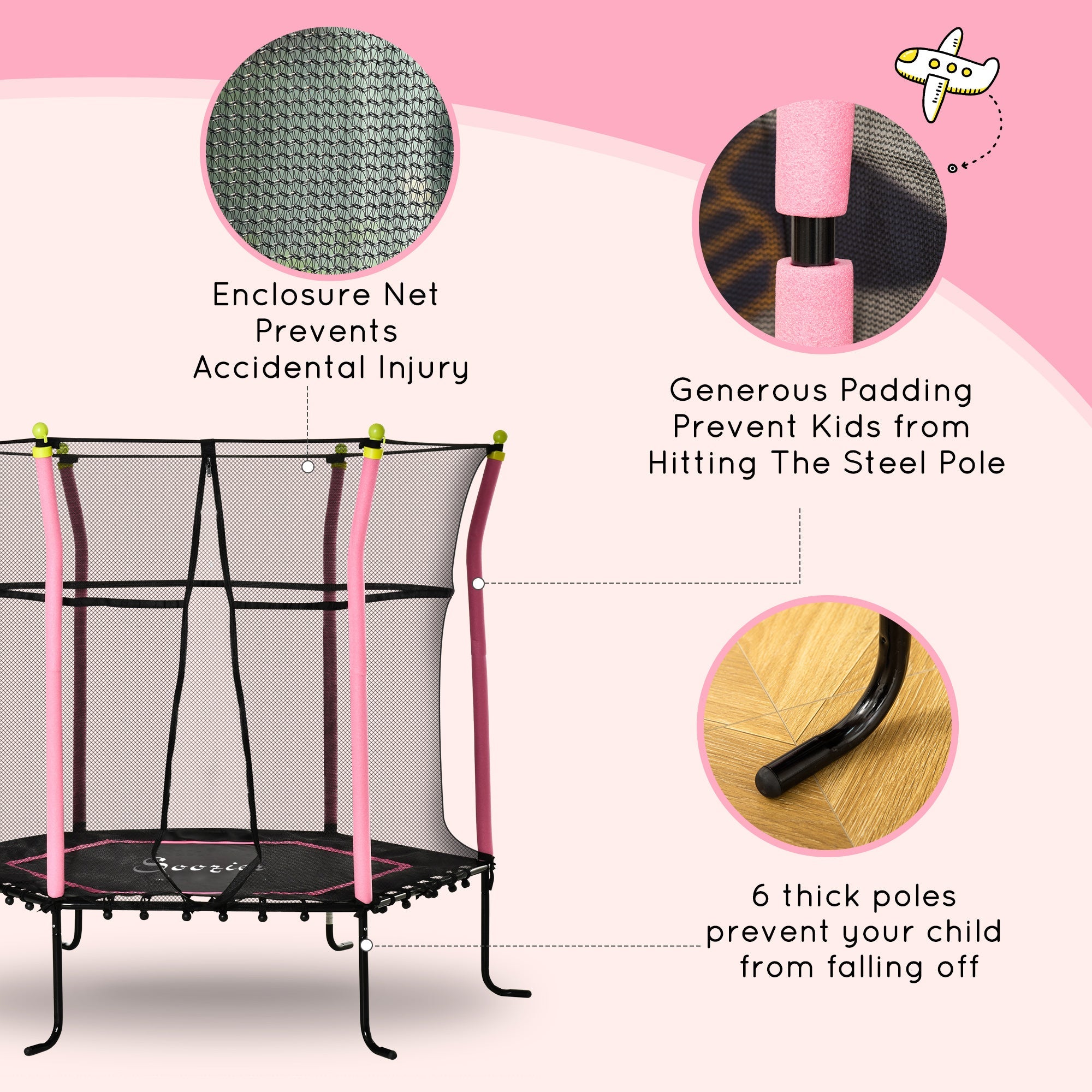 Soozier 63" Kids Trampoline Mini Indoor/Outdoor Bouncer Jumper Enclosure Net Elastic Padded Pole Gift Pink 3-10 Years