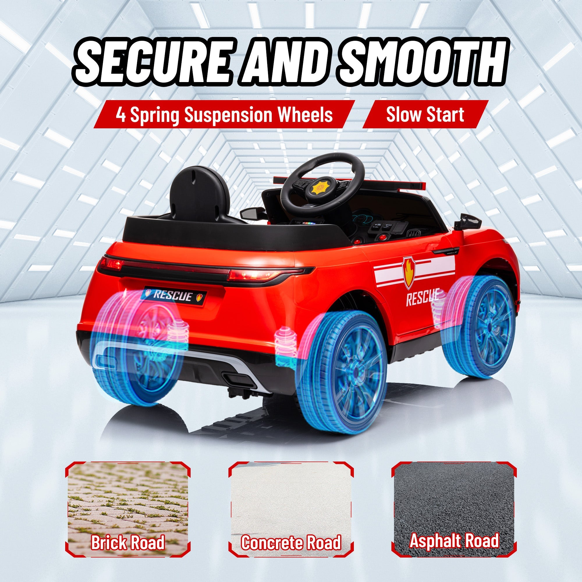 Qaba 12V Kids Electric Fire Truck w/ Remote Control, Spring Suspension, Training Wheel, Siren, Music, Light, Horn, Red