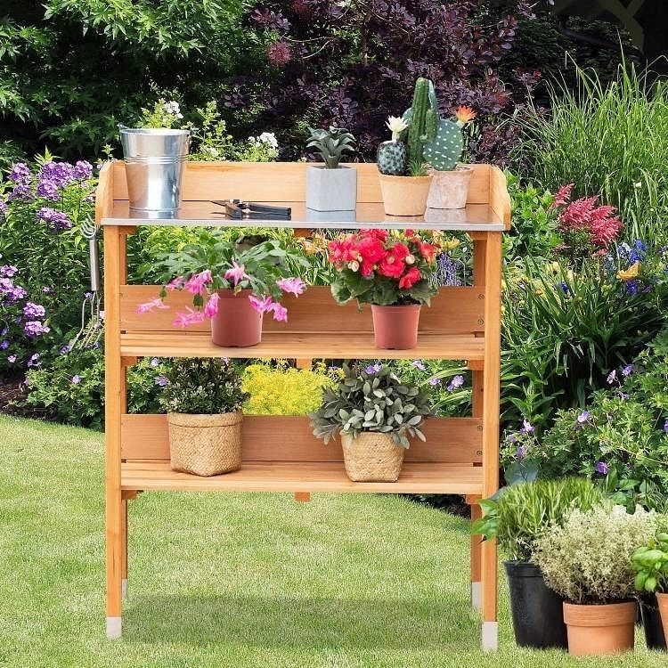 Solid Wood Outdoor Garden Bench Table with Bottom Storage Shelves and Metal Top - Free Shipping