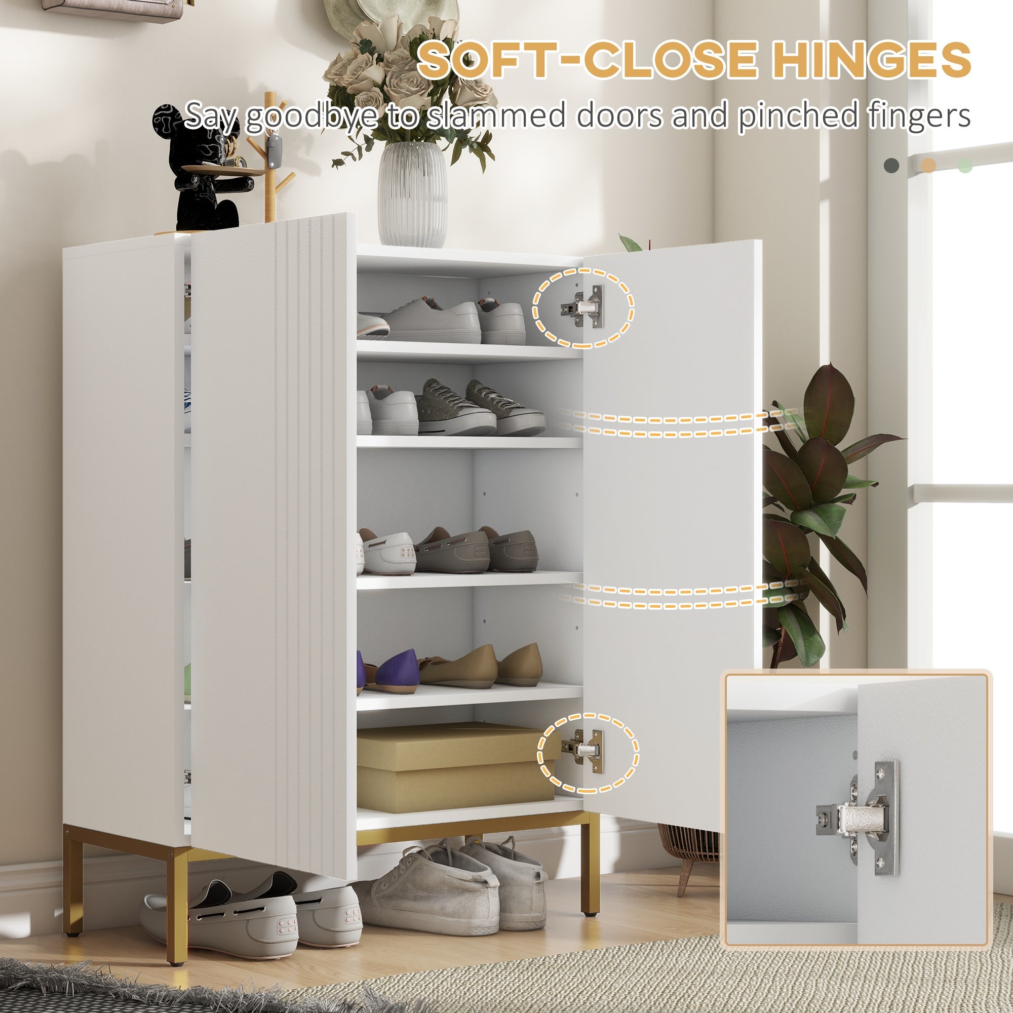 HOMCOM Narrow Shoe Storage Cabinet Adjustable Shelves Soft-Close Hinges for 15-20 Pairs White