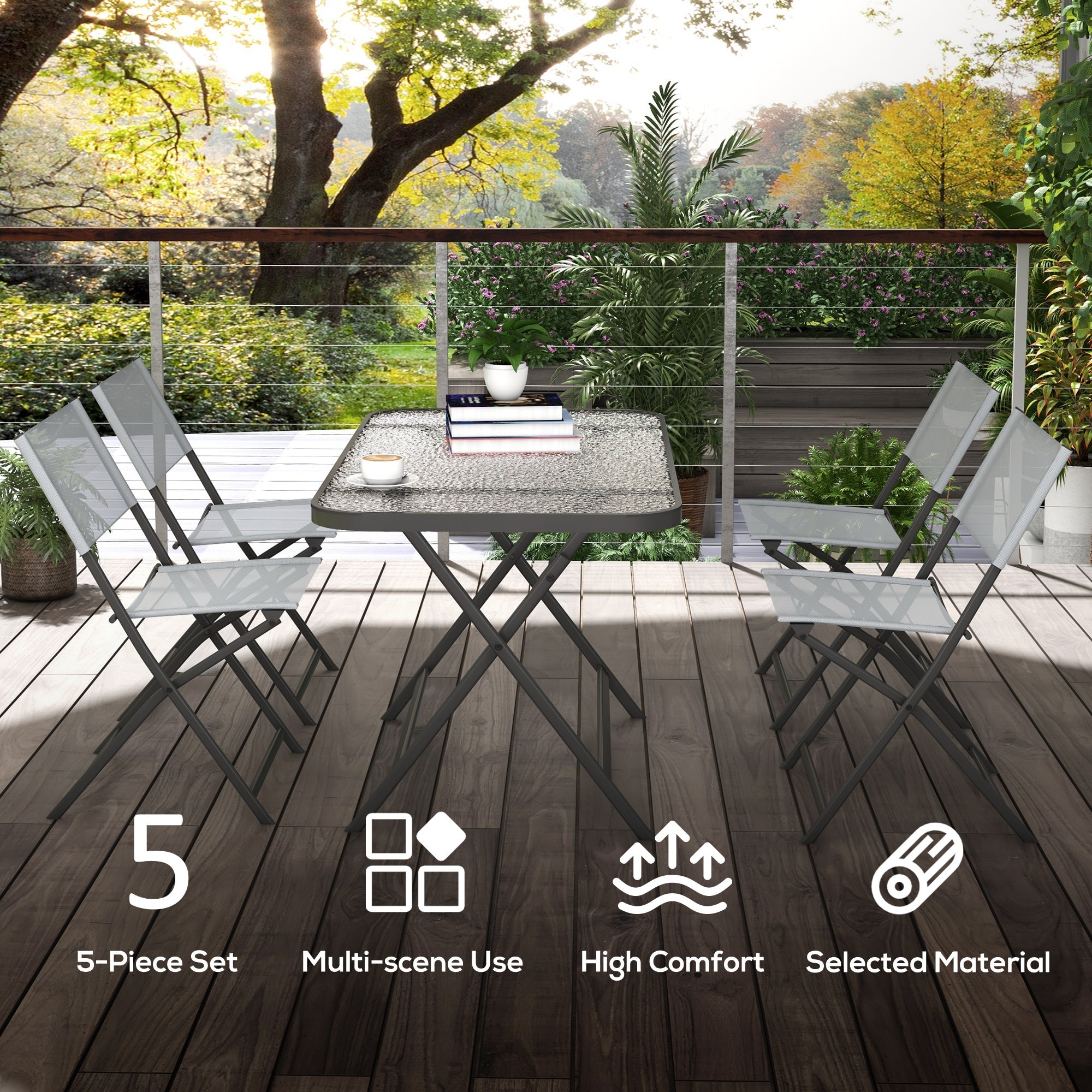 Outsunny Patio Dining Set 5 Pieces Foldable Table and Chairs Glass Top Rectangle Table Stackable Chairs Grey