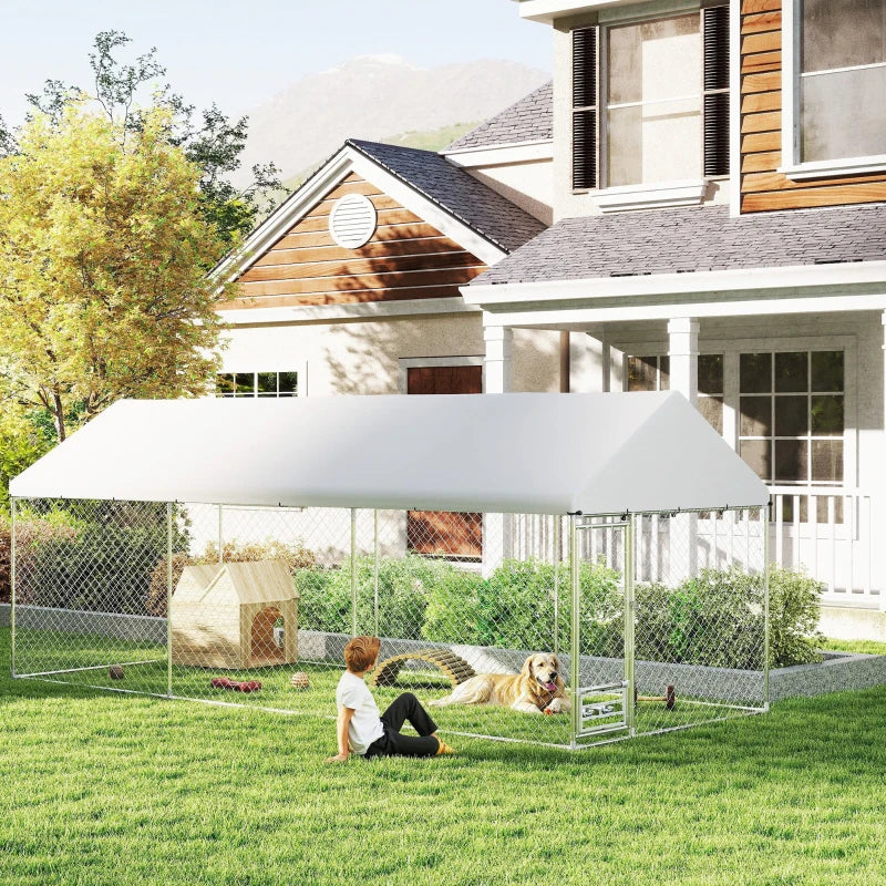 Outdoor Dog Run with Adjustable & Rotatable Bowls, Waterproof UV-Resistant Cover, Escape-Proof Lock, 19.7' x 7.5' x 7.5'