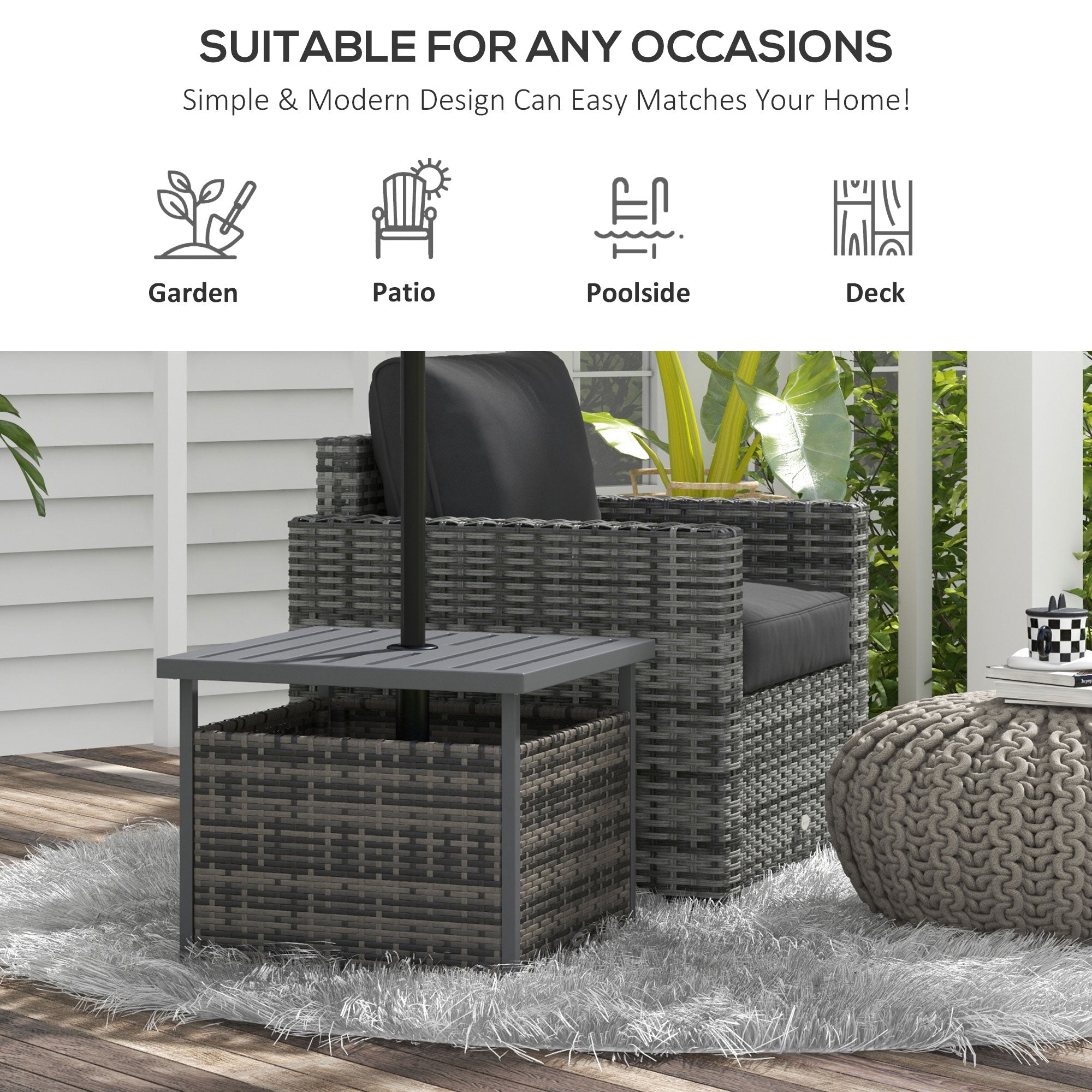 Outsunny Mixed-Grey Rattan Wicker Patio Coffee Table Outdoor with Umbrella Hole for Backyard