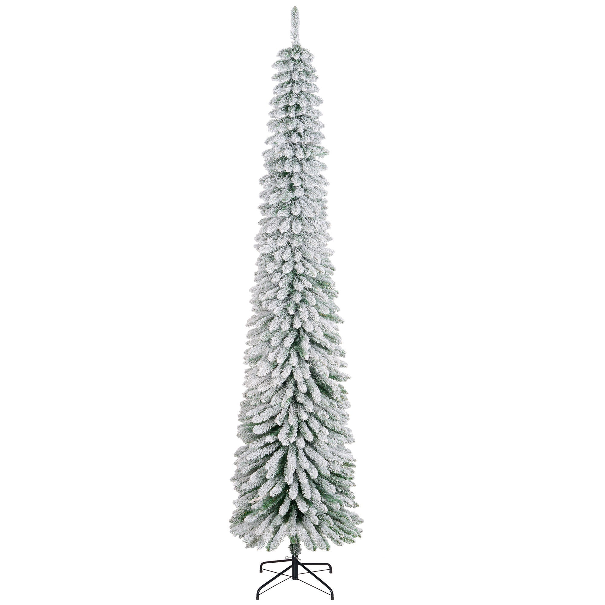 HOMCOM 9ft Snow-Flocked Artificial Christmas Tree, Slim Pencil Xmas Tree with 714 Realistic Branches, Metal Base, Green