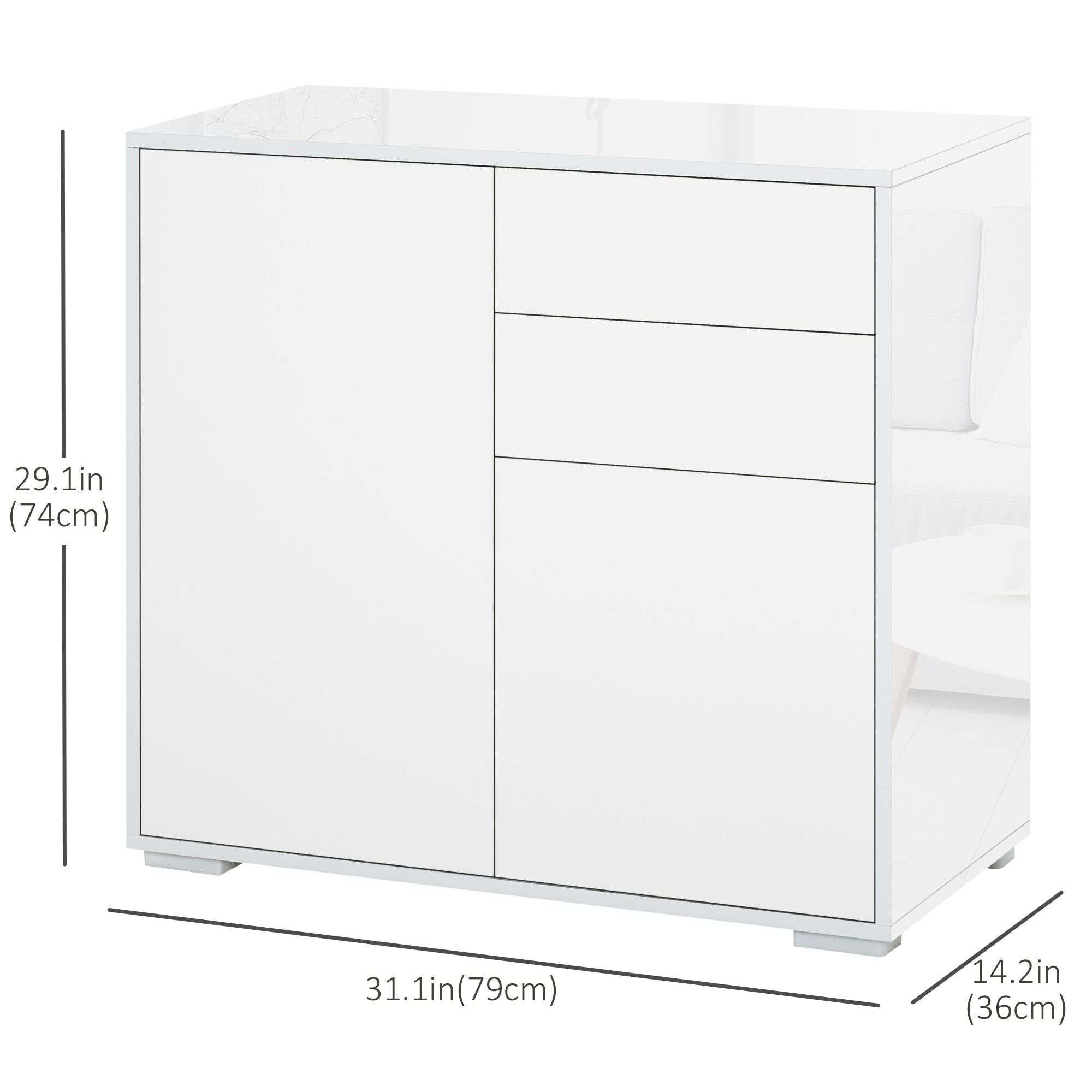 HOMCOM Buffet Sideboard High Gloss Kitchen Storage Cabinet Cupboard with Drawer Shelf Push Open Design White for Dining Room