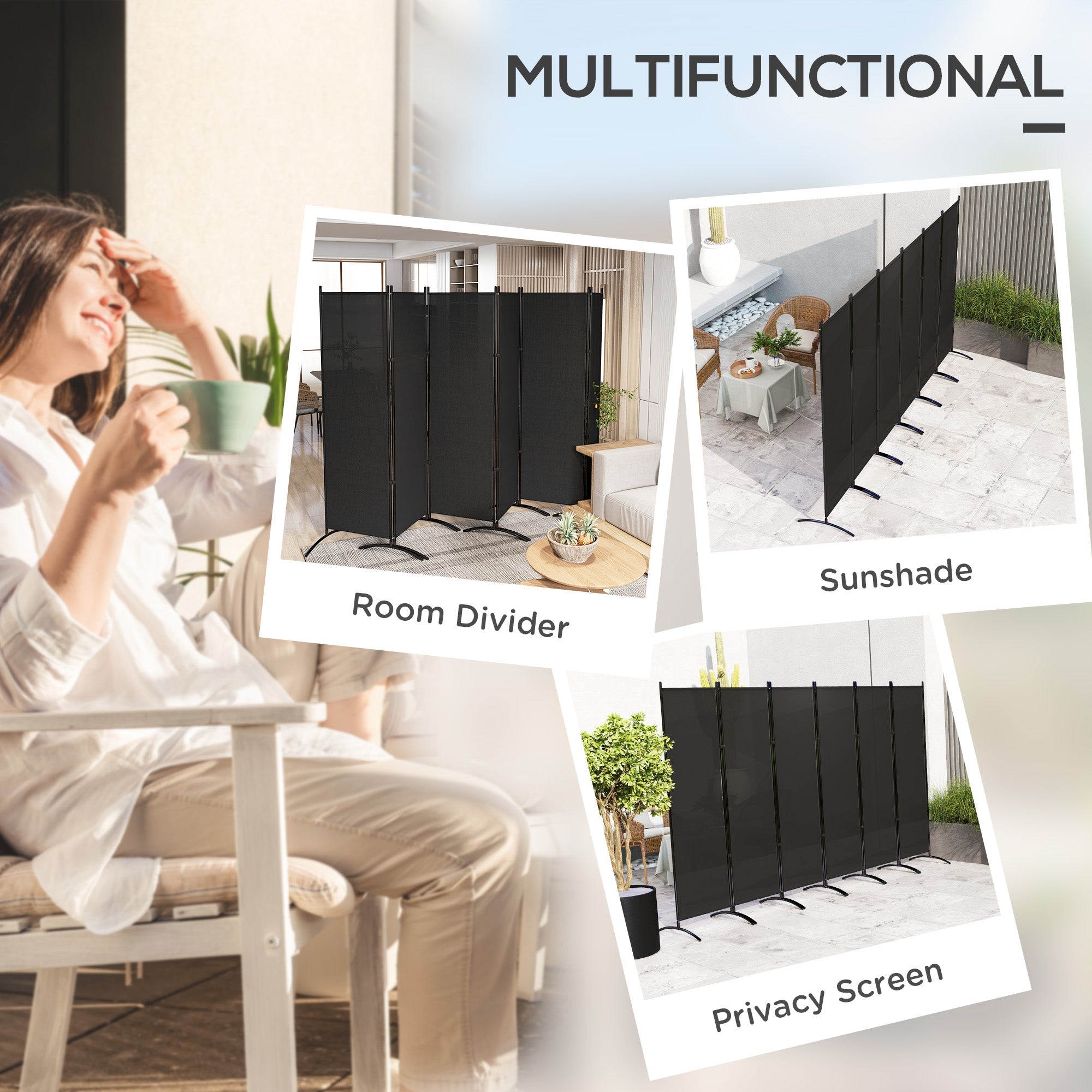 Outsunny 6 Panel Folding Room Divider, UV30+ Privacy Screen, Indoor Outdoor Privacy Panel with Stable Base, Black