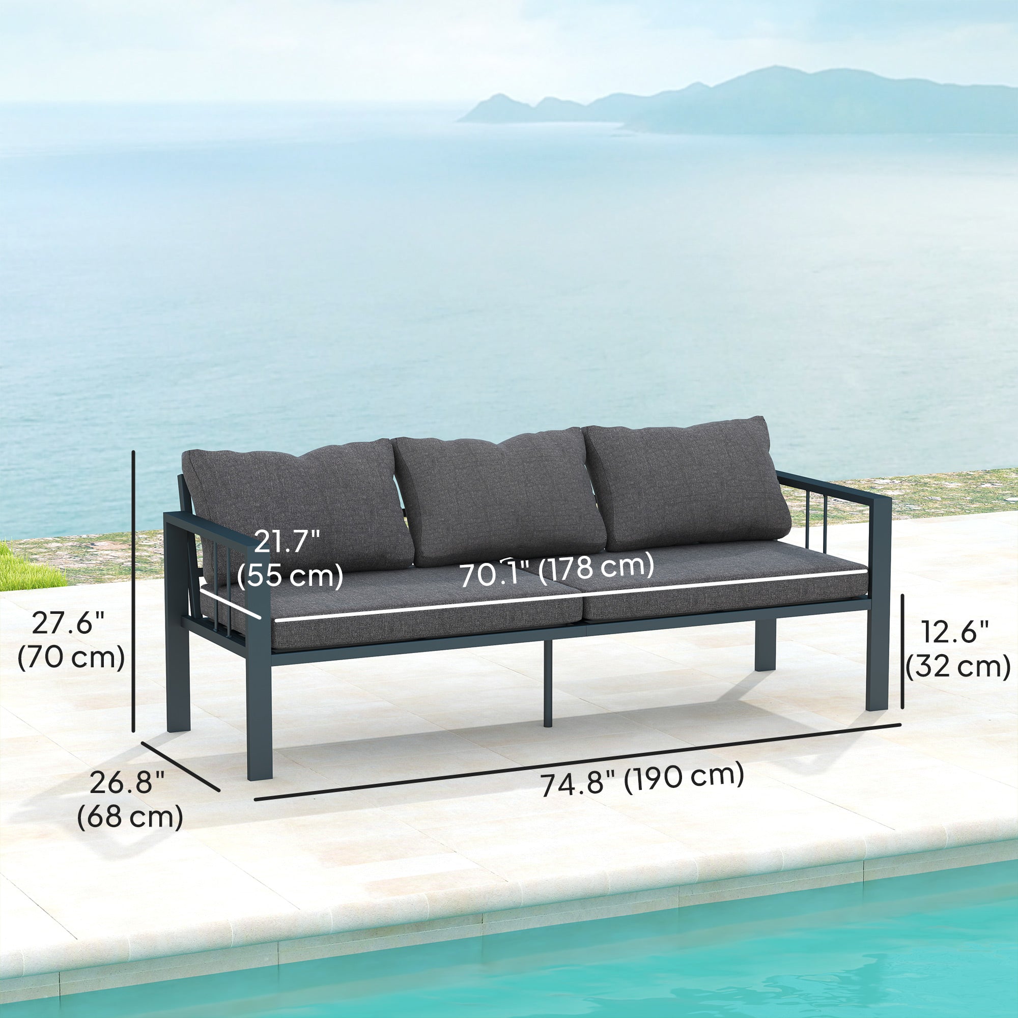 Outsunny 3-Seat Aluminum Outdoor Couch Patio Sofa with Cushions, Wide Seat, Armrests for Garden, Backyard, Balcony, Dark Grey