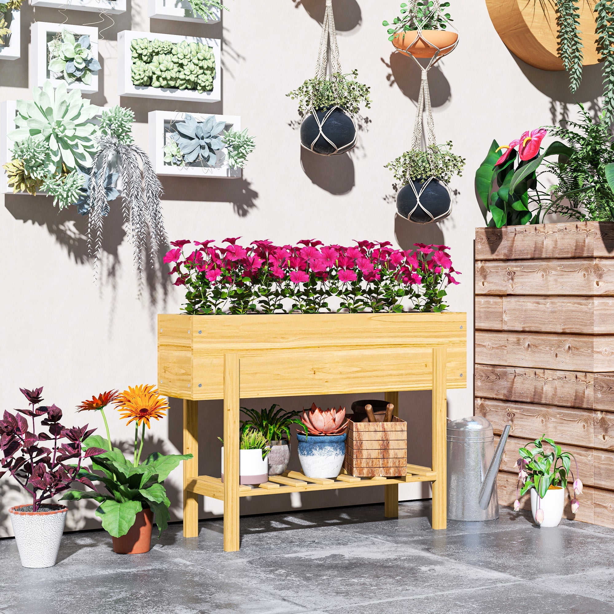 Outsunny Raised Planter Box, Elevated Wooden Garden Bed with Legs & Storage Shelf for Patio & Backyard, Natural Wood