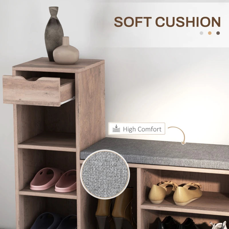 Upholstered Shoe Storage Bench w/ Seat, Entrance Bench w/ Drawer and 6 Open Shelves for Hallway, Grey