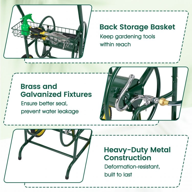Garden Hose Reel Cart with 2 Wheels and Storage Basket