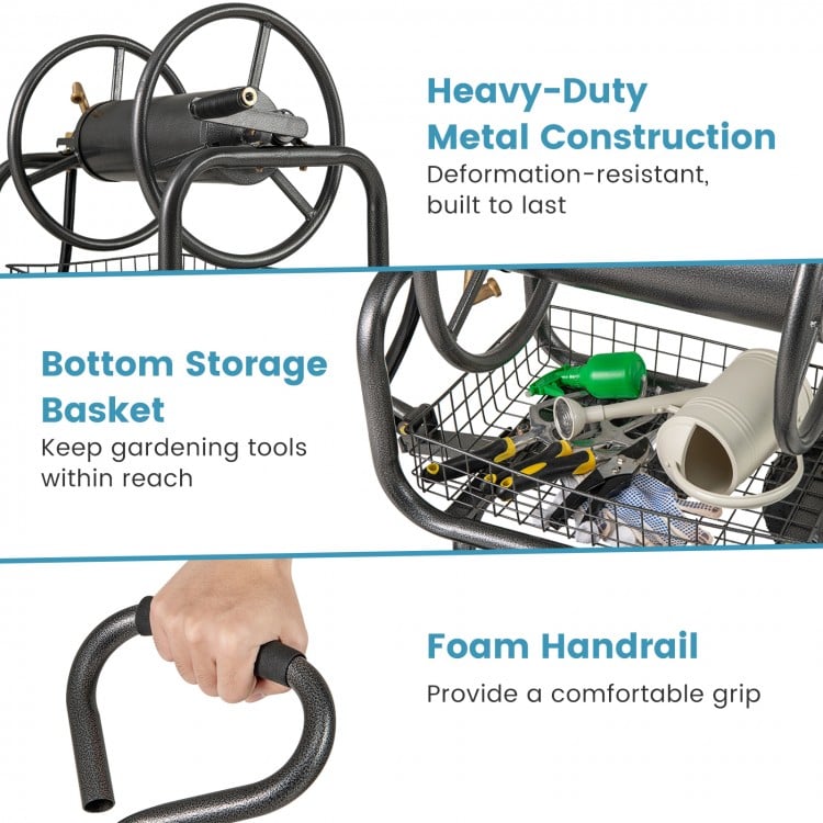 Garden Hose Reel Cart 300 Feet Large Capacity with 4 Wheels and Storage Basket