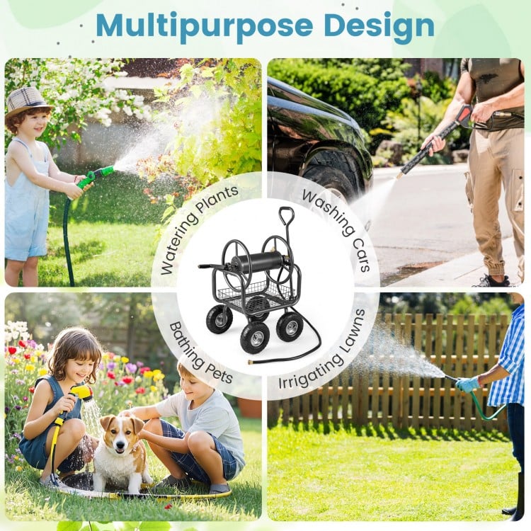 Garden Hose Reel Cart 300 Feet Large Capacity with 4 Wheels and Storage Basket