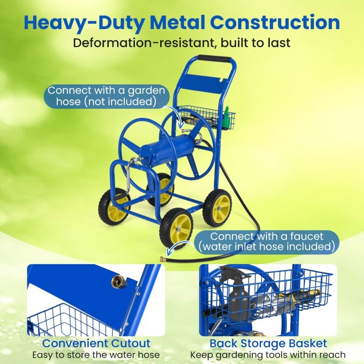 Garden Hose Reel Cart Metal Hose Cart with 4 Wheels and Storage Basket