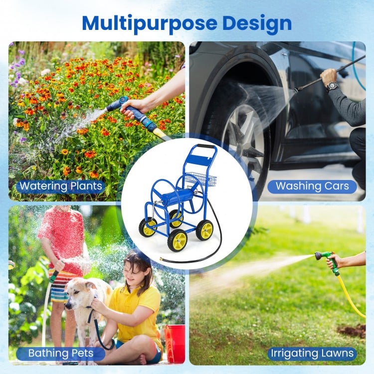 Garden Hose Reel Cart Metal Hose Cart with 4 Wheels and Storage Basket