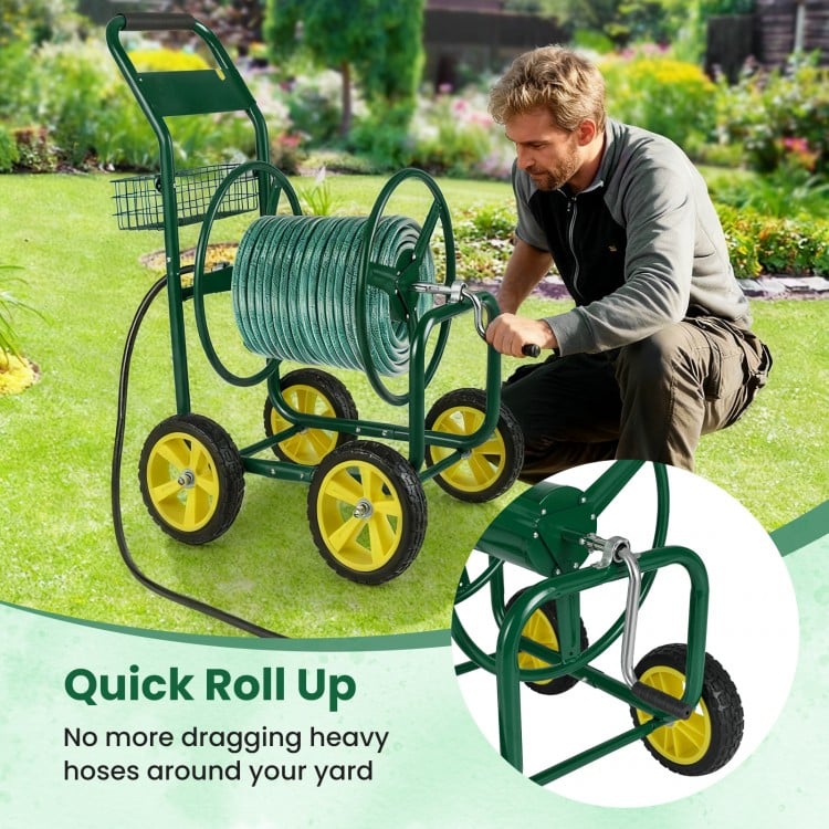 Garden Hose Reel Cart Metal Hose Cart with 4 Wheels and Storage Basket