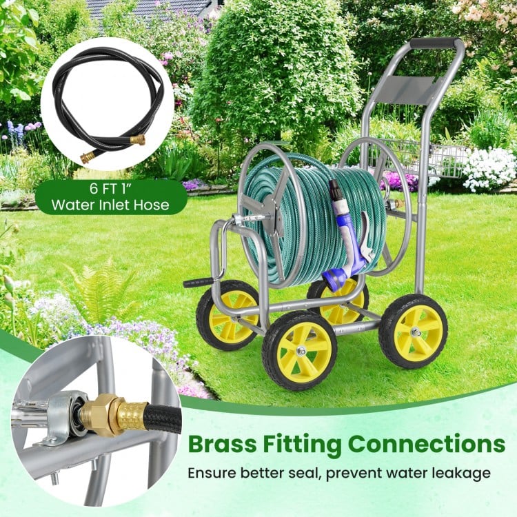 Garden Hose Reel Cart Metal Hose Cart with 4 Wheels and Storage Basket
