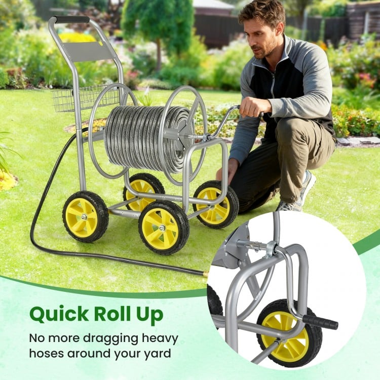 Garden Hose Reel Cart Metal Hose Cart with 4 Wheels and Storage Basket
