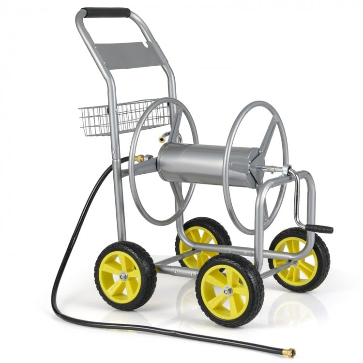 Garden Hose Reel Cart Metal Hose Cart with 4 Wheels and Storage Basket