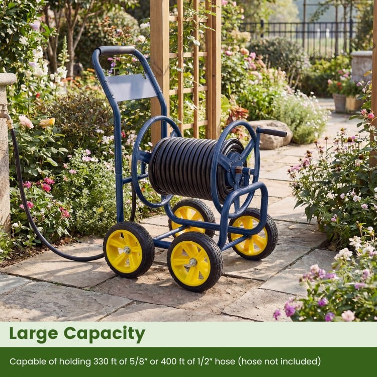 Garden Hose Reel Cart 4 Wheels Heavy-Duty Metal Water Hose Organizer Portable-Blue