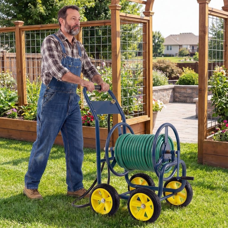 Garden Hose Reel Cart 4 Wheels Heavy-Duty Metal Water Hose Organizer Portable-Blue