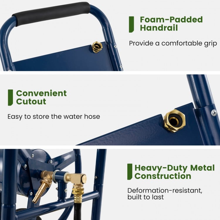 Garden Hose Reel Cart 4 Wheels Heavy-Duty Metal Water Hose Organizer Portable-Blue