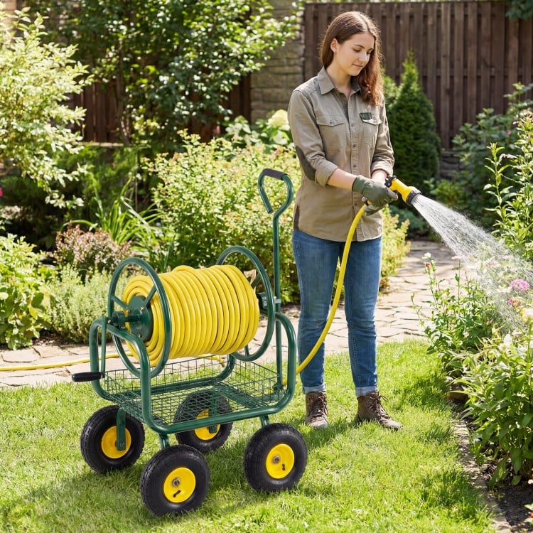 Garden Hose Reel Cart 300 Feet Large Capacity with 4 Wheels and Storage Basket