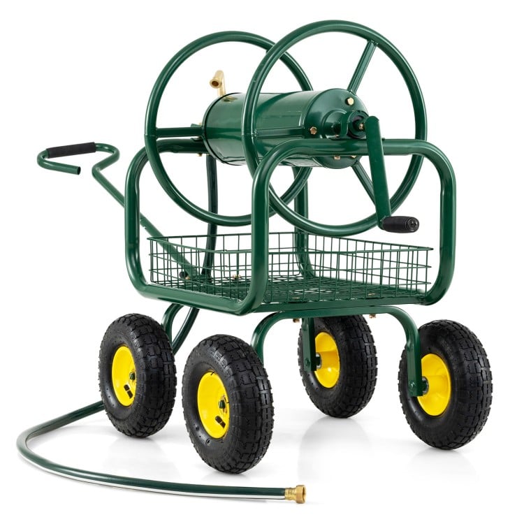 Garden Hose Reel Cart 300 Feet Large Capacity with 4 Wheels and Storage Basket