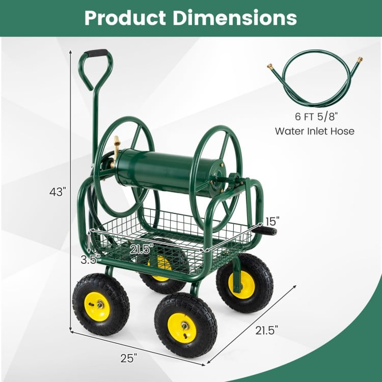 Garden Hose Reel Cart 300 Feet Large Capacity with 4 Wheels and Storage Basket
